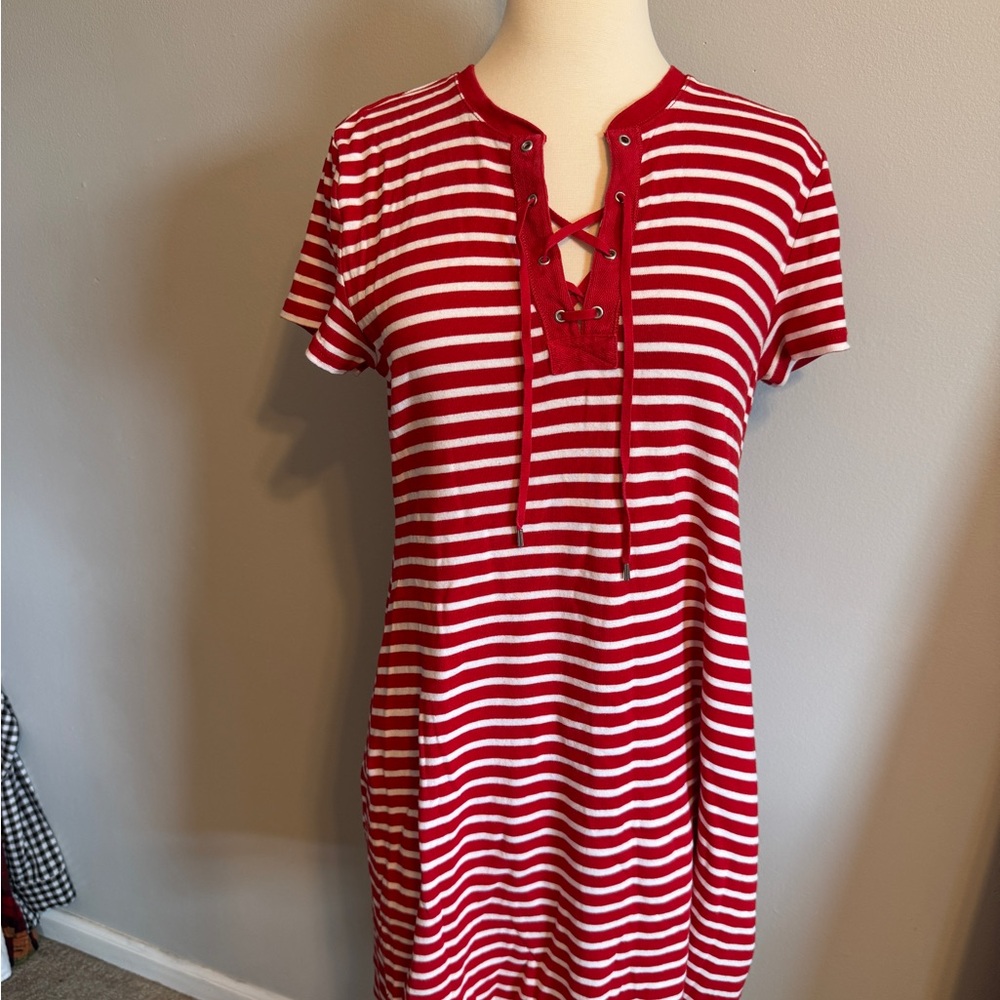 Red and White Striped Lace-Up Dress